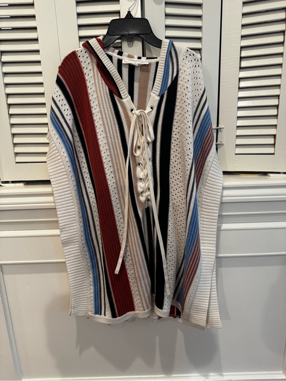 Boston Proper Striped Lace-Up Hooded Poncho in Cream, Red & Blue